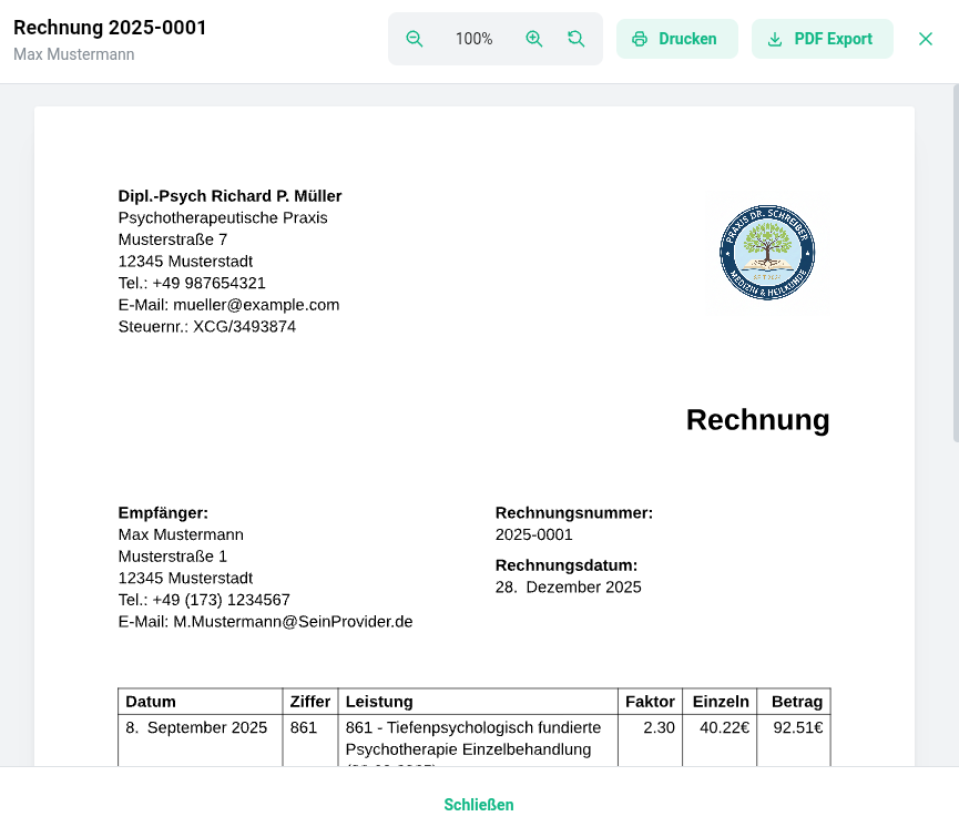 CuraDesk Rechnungsdruck